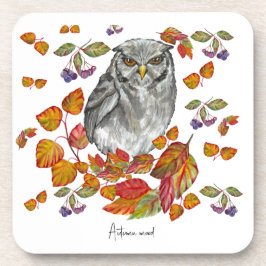 水彩秋美しいフクロウ葉と コースター