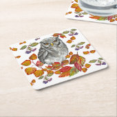 水彩秋美しいフクロウ葉と スクエアペーパーコースター (アングル)