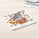 水彩秋美しいフクロウ葉と スクエアペーパーコースター (アングル)