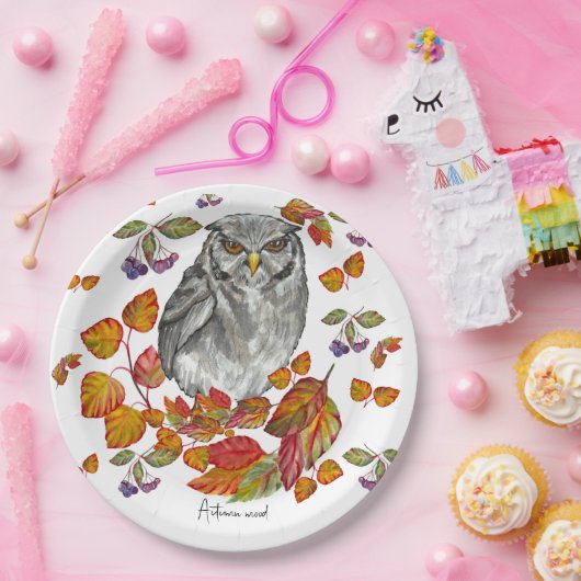 水彩秋美しいフクロウ葉と ペーパープレート (パーティー)
