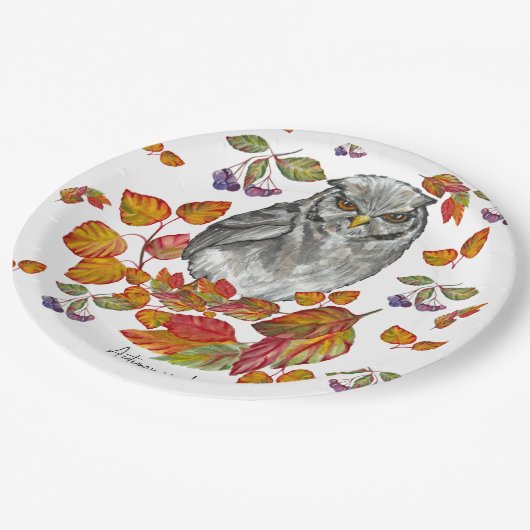 水彩秋美しいフクロウ葉と ペーパープレート (アングル)