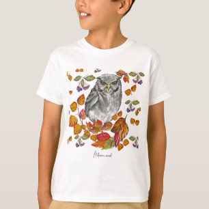 水彩秋美しいフクロウ葉と Tシャツ