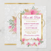 水彩秋色ピンク＆ゴールドの花とカボチャの結婚式 セーブザデート (正面/裏面)