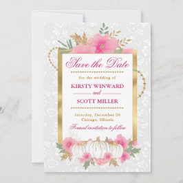 水彩秋色ピンク＆ゴールドの花とカボチャの結婚式 セーブザデート