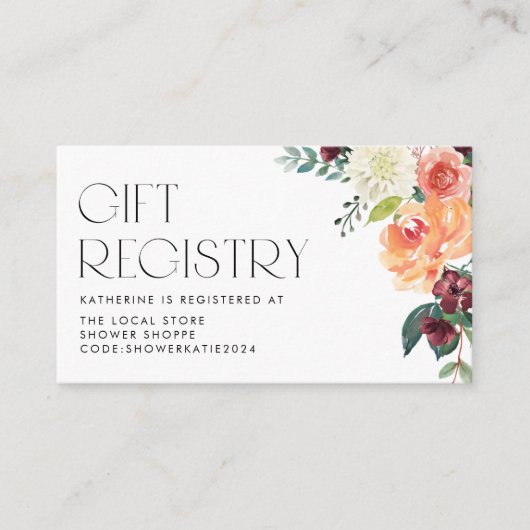 水彩秋花ベイビーシャワーレジストリー エンクロージャーカード (正面)