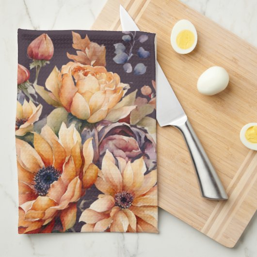 水彩秋花 – 紫 –  キッチンタオル (四つ折り)