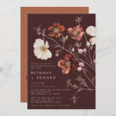 水彩秋茶色ワイルドフラワー婚約パーティ 招待状 (正面/裏面)
