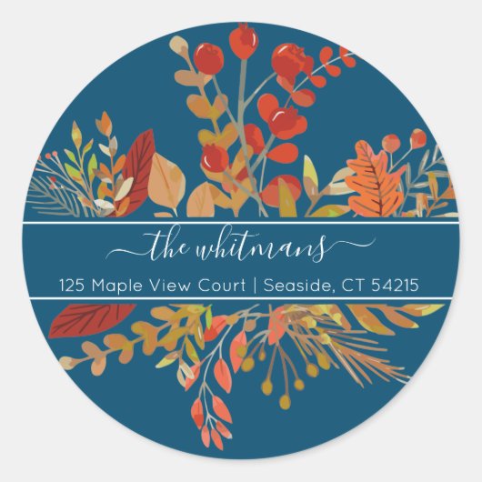 水彩秋葉差出人住所 |青 ラウンドシール (正面)