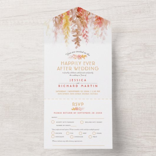 水彩秋褐炭結婚サンゴの後パーティー オールインワン招待状 (内側)