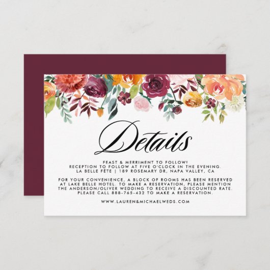 水彩秋開花ガーランド結婚ズ詳細 エンクロージャーカード (正面/裏面)