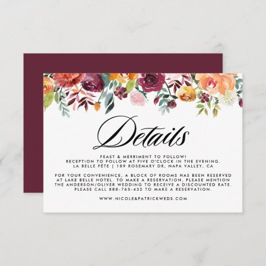 水彩秋開花フローラ結婚の詳細 エンクロージャーカード (正面/裏面)