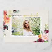 水彩秋開花写真卒業 箔招待状 (正面)