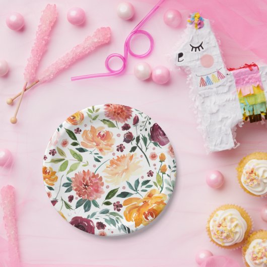 水彩秋開花秋植物模様 ペーパープレート (パーティー)