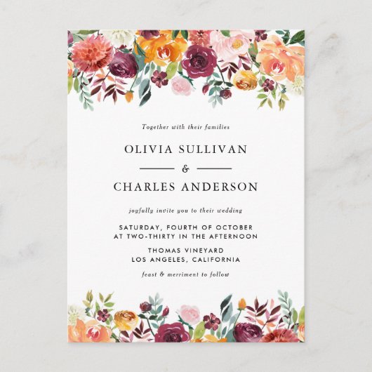 水彩秋開花QRコード秋の結婚式 インビテーションポストカード (正面)