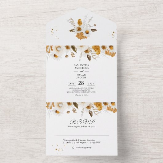 水彩秋黄白色花卉一体式设计 オールインワン招待状 (内側)