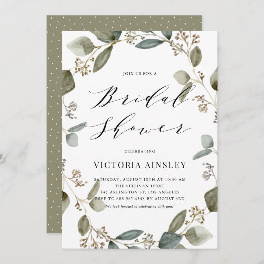 水彩種ユーカリリースブライダルシャワー 招待状 (正面/裏面)