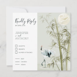 水彩竹月と鶴の鳥