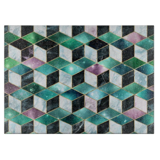 水彩等角投影(金ゴールドと大理石銀河系) カッティングボード (正面)