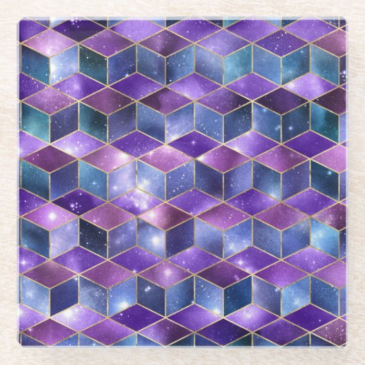 水彩等角投影(金ゴールドと大理石銀河系) ガラスコースター (正面)