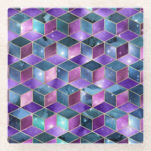 水彩等角投影(金ゴールドと大理石銀河系) ガラスコースター (正面)