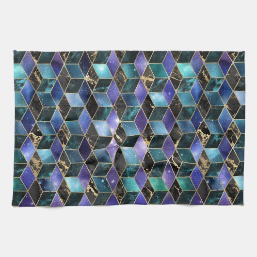 水彩等角投影(金ゴールドと大理石銀河系) キッチンタオル (横)