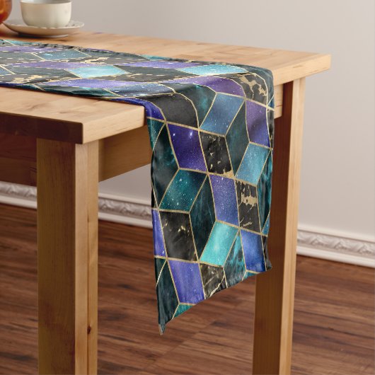 水彩等角投影(金ゴールドと大理石銀河系) ショートテーブルランナー (インサイチュ)