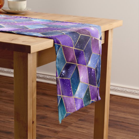 水彩等角投影(金ゴールドと大理石銀河系) ショートテーブルランナー (インサイチュ)