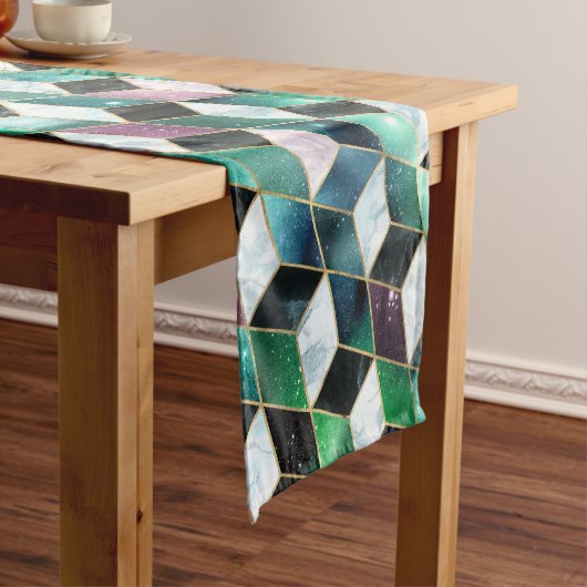 水彩等角投影(金ゴールドと大理石銀河系) ショートテーブルランナー (インサイチュ)