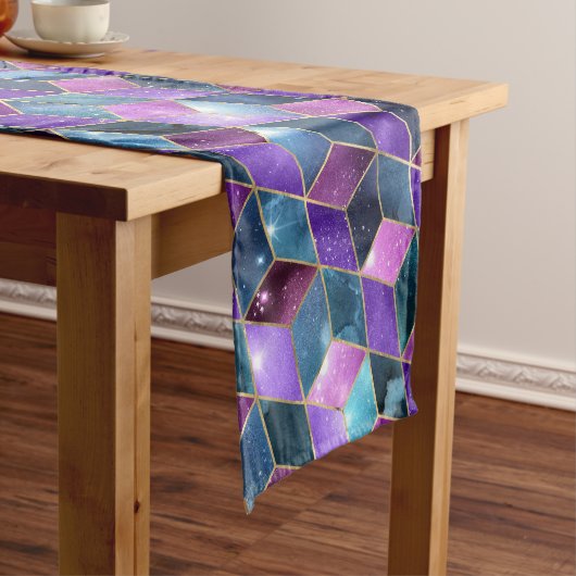 水彩等角投影(金ゴールドと大理石銀河系) ショートテーブルランナー (インサイチュ)