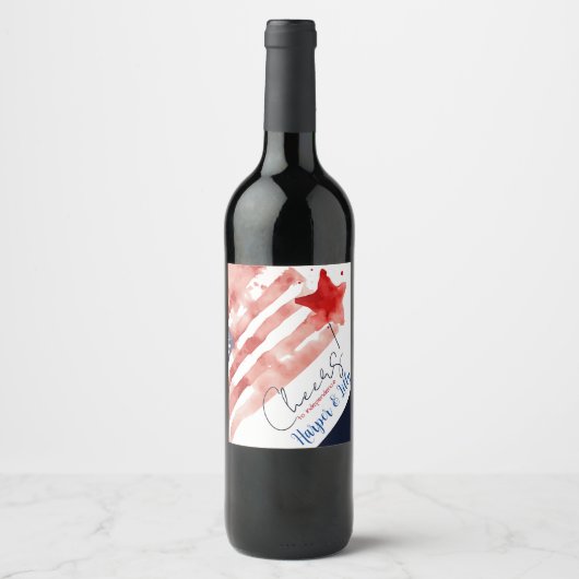 水彩米国国旗と7月4日レッドスター ワインラベル (正面)