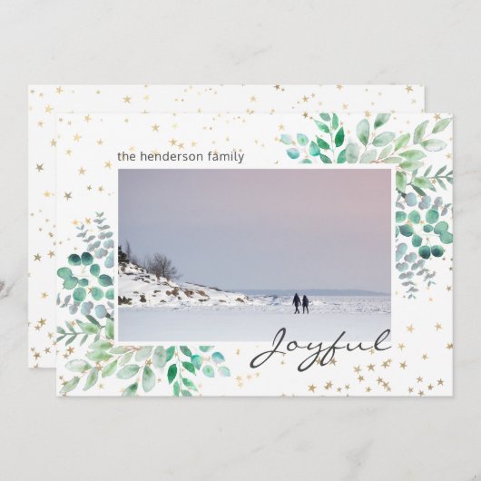 水彩紅葉フォト金ゴールドスタークリスマス シーズンカード (正面/裏面)