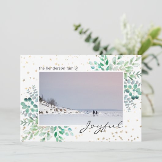 水彩紅葉フォト金ゴールドスタークリスマス シーズンカード (スタンド正面)