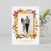 水彩紅葉フレームハッピー感謝祭 箔シーズンカード (立ち正面)