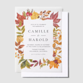 水彩紅葉フレーム秋の結婚式 ベラム紙招待状