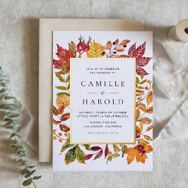 水彩紅葉フレーム秋の結婚式 箔招待状
