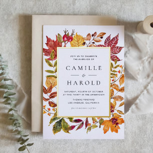 水彩紅葉フレーム秋の結婚式 箔招待状