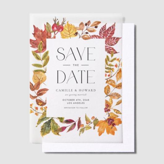 水彩紅葉フレーム秋日付の保存 ベラム紙招待状 (オフセット)