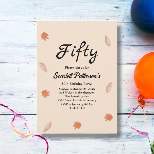 水彩紅葉ベージュ秋50誕生日 招待状