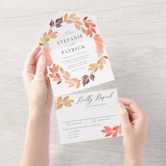 水彩紅葉リース秋の結婚式 オールインワン招待状 (貼ってはがせる)