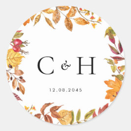水彩紅葉リース結婚ズモノグラム ラウンドシール