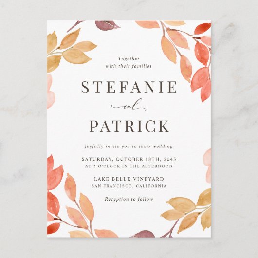 水彩紅葉リース結婚ズ インビテーションポストカード (正面)