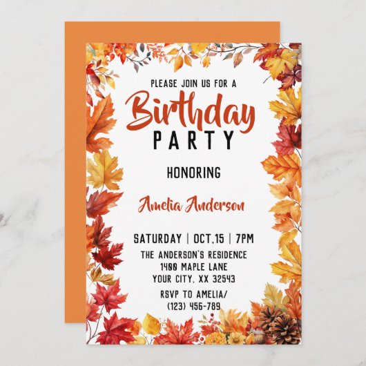 水彩紅葉秋の誕生日パーティー 招待状 (正面/裏面)