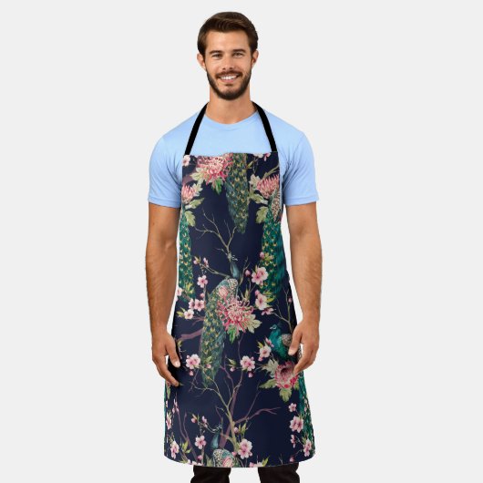 水彩紋様孔雀 エプロン (着用した状態)