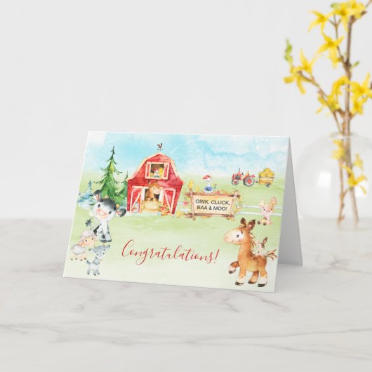 水彩納屋周囲の庭と家畜ありがとう カード (黄色い花)