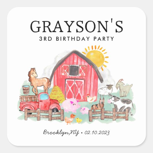 水彩納屋周囲の庭動物キッズファーム誕生日 スクエアシール (正面)