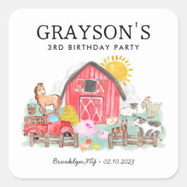 水彩納屋周囲の庭動物キッズファーム誕生日 スクエアシール