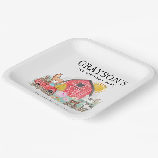 水彩納屋周囲の庭動物キッズファーム誕生日 ペーパープレート (傾斜あり)