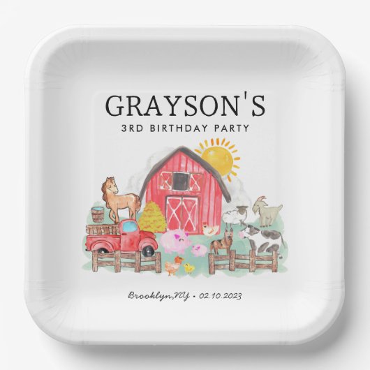 水彩納屋周囲の庭動物キッズファーム誕生日 ペーパープレート (正面)
