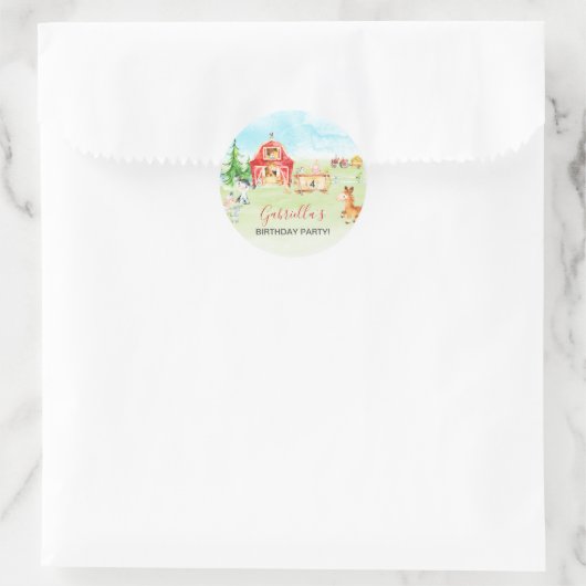 水彩納屋周囲の庭及び農畜動物子供の誕生日 ラウンドシール (バッグ)