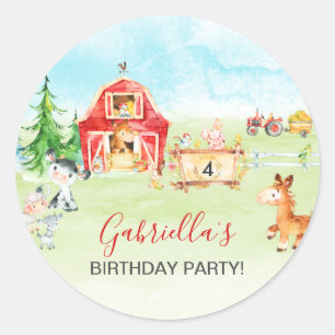 水彩納屋周囲の庭及び農畜動物子供の誕生日 ラウンドシール